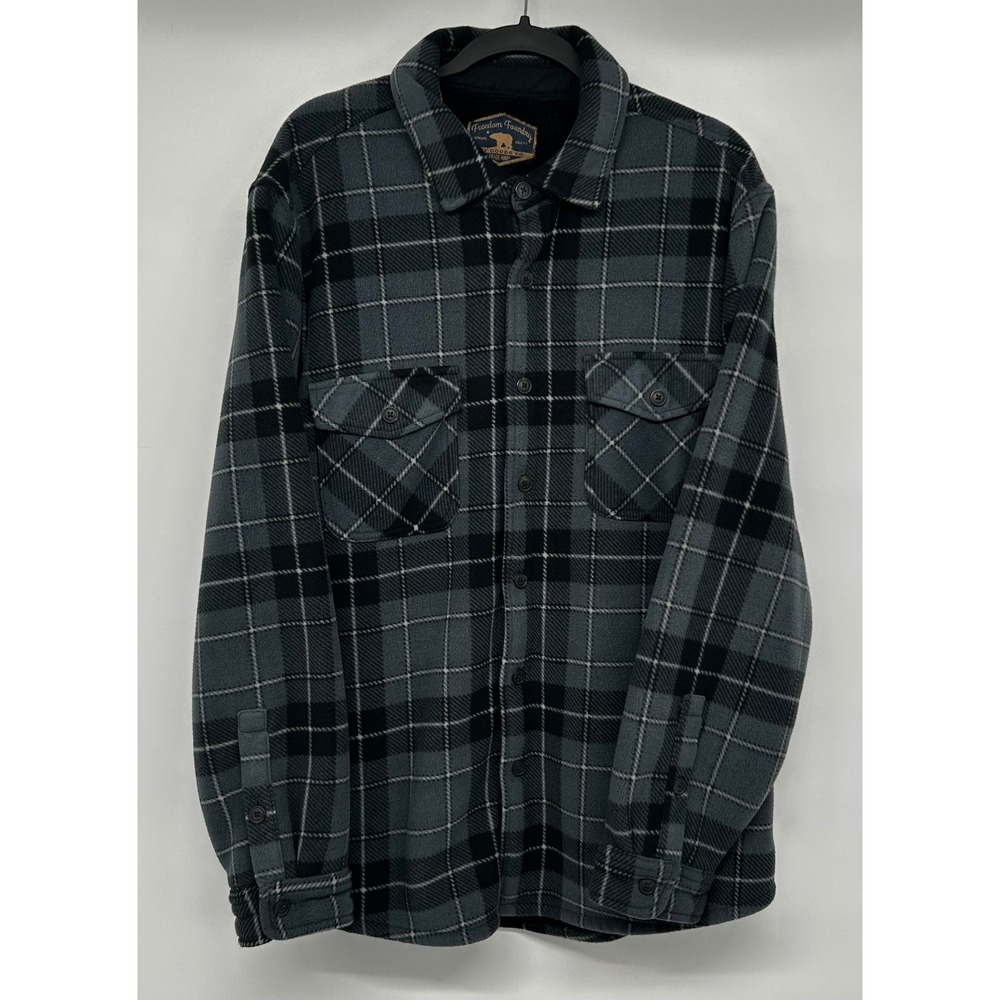 Freedom Foundry Mens XL Gray Black Plaid Fleece Sherpa Lined Shirt Jacket